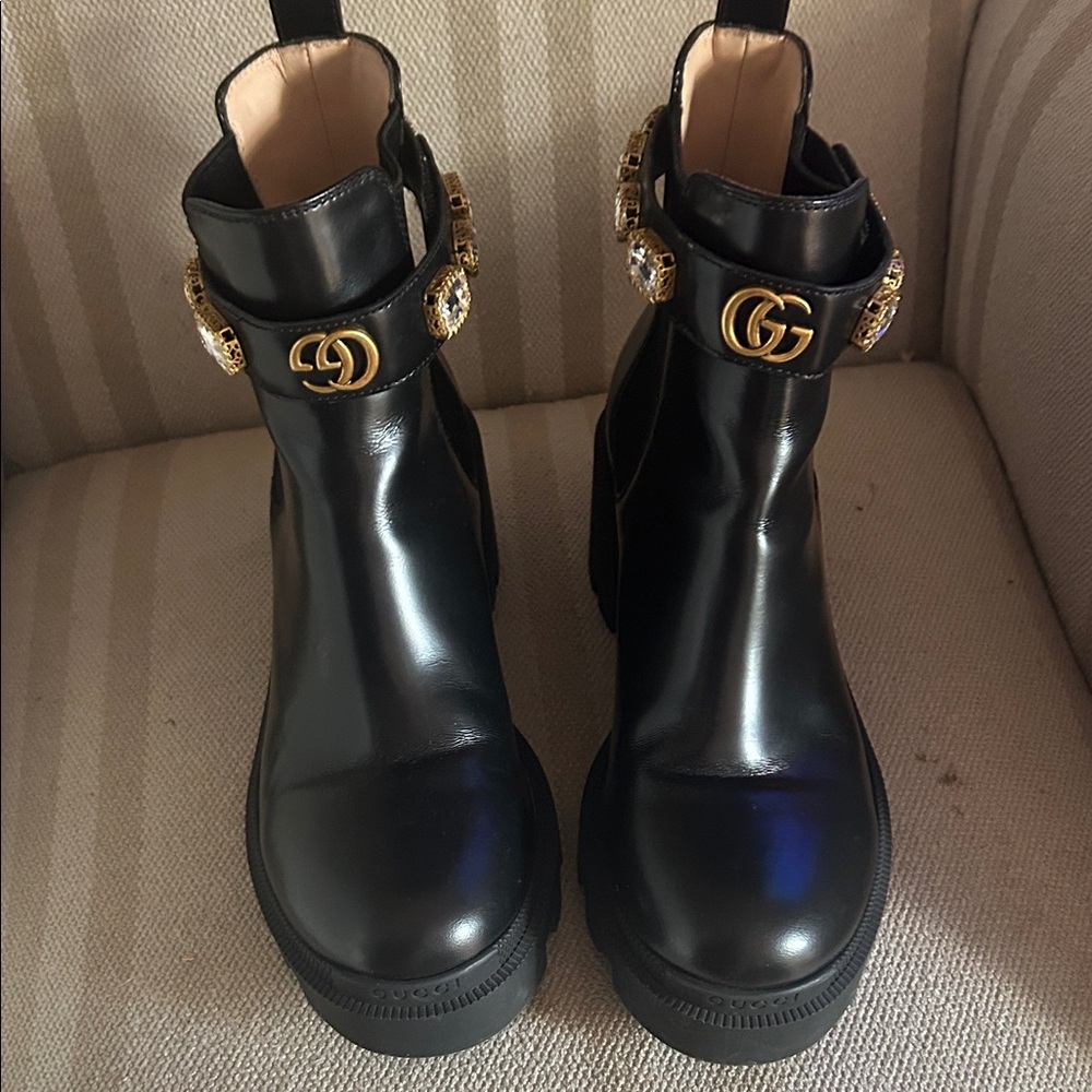 Gucci Black Ankle Boots with Gold Accents
